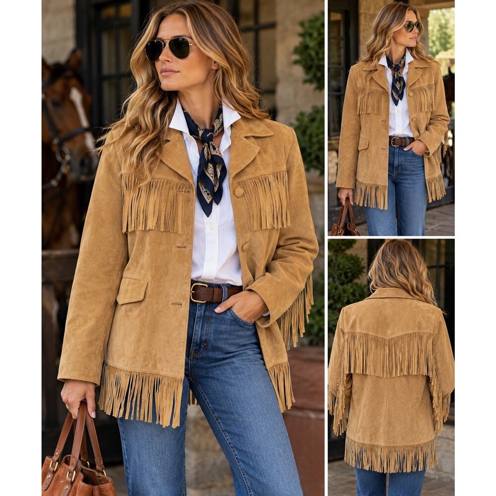 Vintage 90s Marlboro Miles Tan Brown Suede Fringe Western Jacket Red Star Sz L